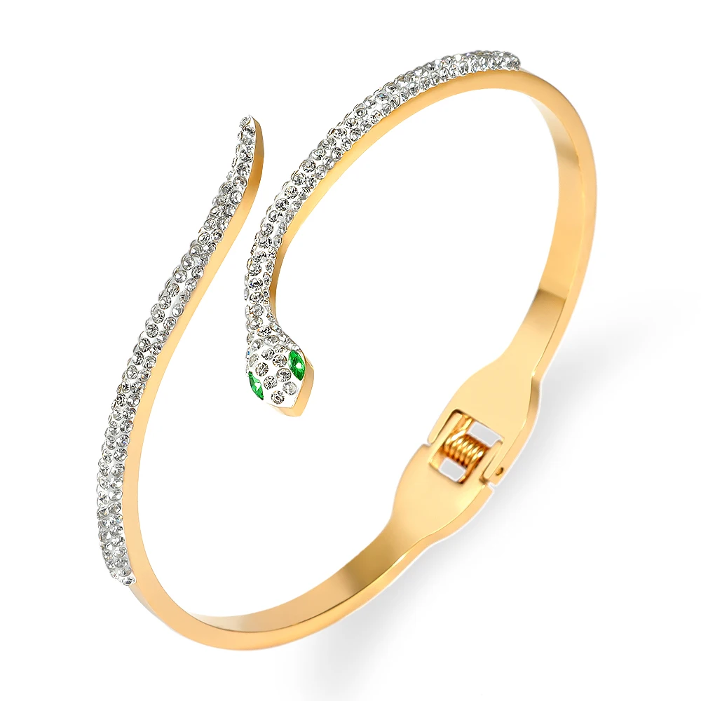 Snake Green Eyes Bangles & Bracelets CZ Full Crystal Summer Clasp Stainless Steel Bracelet For Women Jewelry Accessories