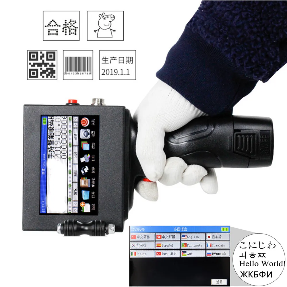 

Handheld Inkjet Printer TouchScreen Laser Coder Label USB QR Barcode Date LogoTwelve languages including English and Russian
