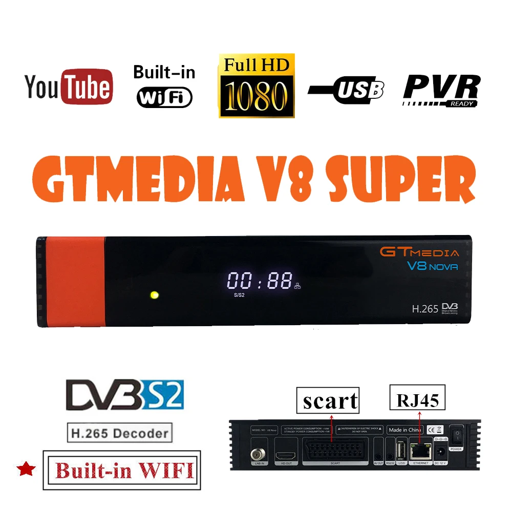 

GTmedia V8 NOVA Same as Freesat V8 V9 Super DVB S2 Satellite TV Receiver Receptor Decoder tv box + 2 Year 7 lines European cccam