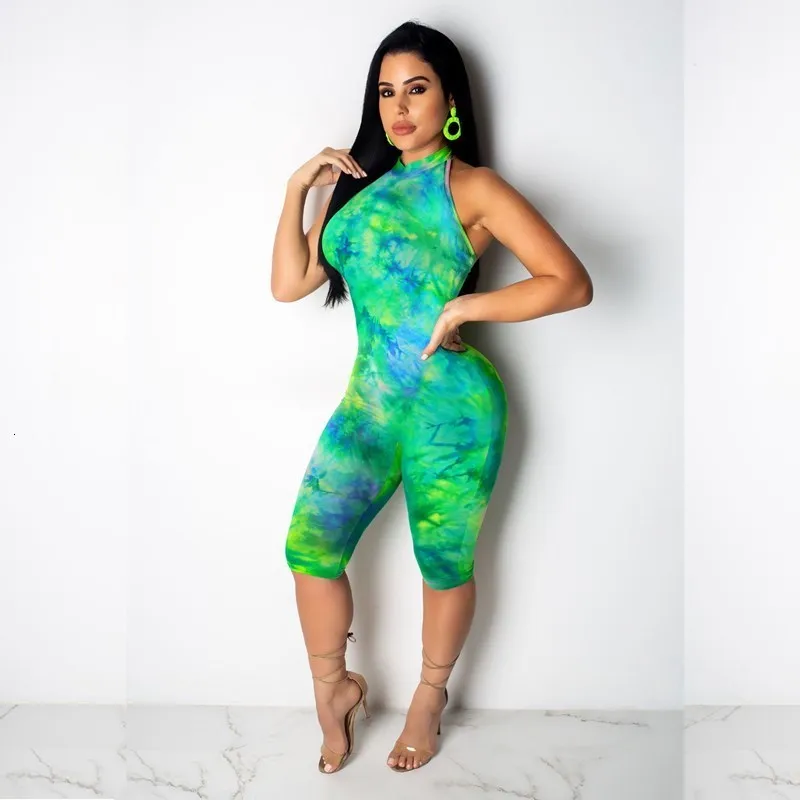Женский сексуальный комбинезон с принтом Tie Dye, уличная одежда с бретельками на шнуровке, комбинезон до колен, Обтягивающие Комбинезоны