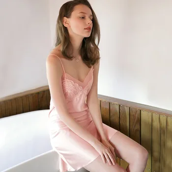 

DAS Sexy nightdress women's suspender nightdress women's deep V-neck open back silk lace embroidery hollow out interesting dress