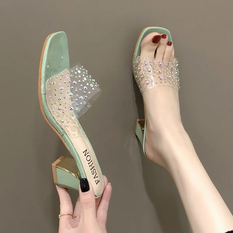 

Thick Heel Rhinestones Clear Pvc Slippers Women Open Toe High Heel Sandals Summer Shoes Fashion Transparent Slippers Women 2020
