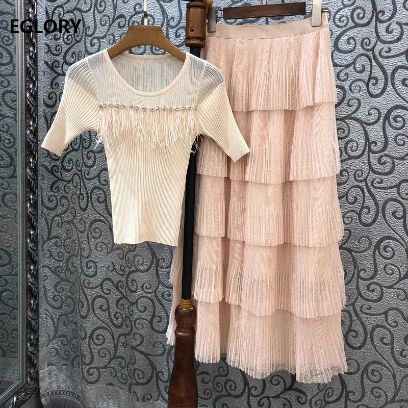 

Two Piece Set 2019 Autumn High Quality Sweater Suit Women Beading Tassel Knitted Pullovers+Cascading Ruffle Skirt Sets & Suits