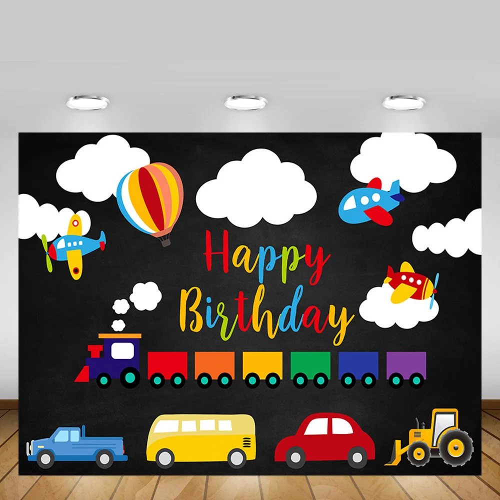 Mehofond Transportation Boy Birthday Photography Backdrop Train Cloud Hot Air Balloon Airplane Background Photo Studio Photozone |
