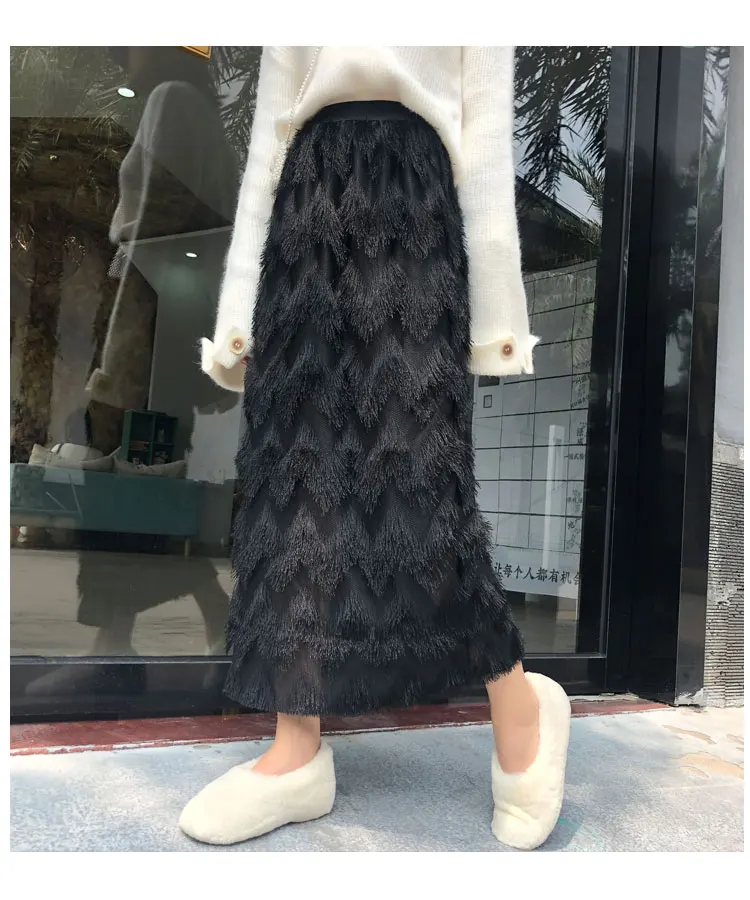 Korean Style Autumn Winter Women Long Skirt High Waist Black White Feather Tassel Jupe Longue Elegant Lady Office High Low Skirt