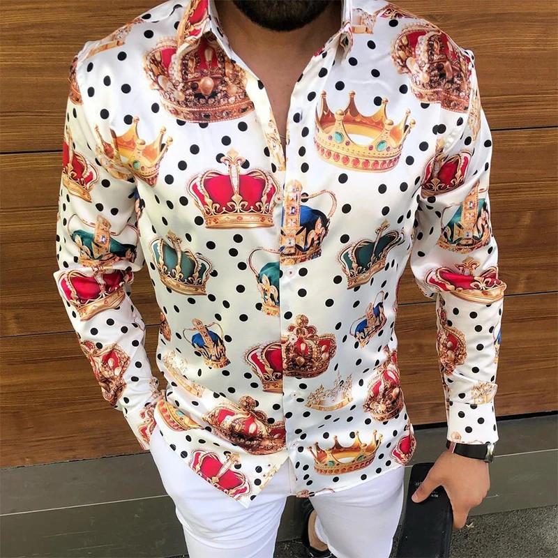 Autumn Luxury Crown Printed shirts for men 2021 New Long Sleeve Slim Casual Shirts Streetwear Social Party Clothes chemise homme