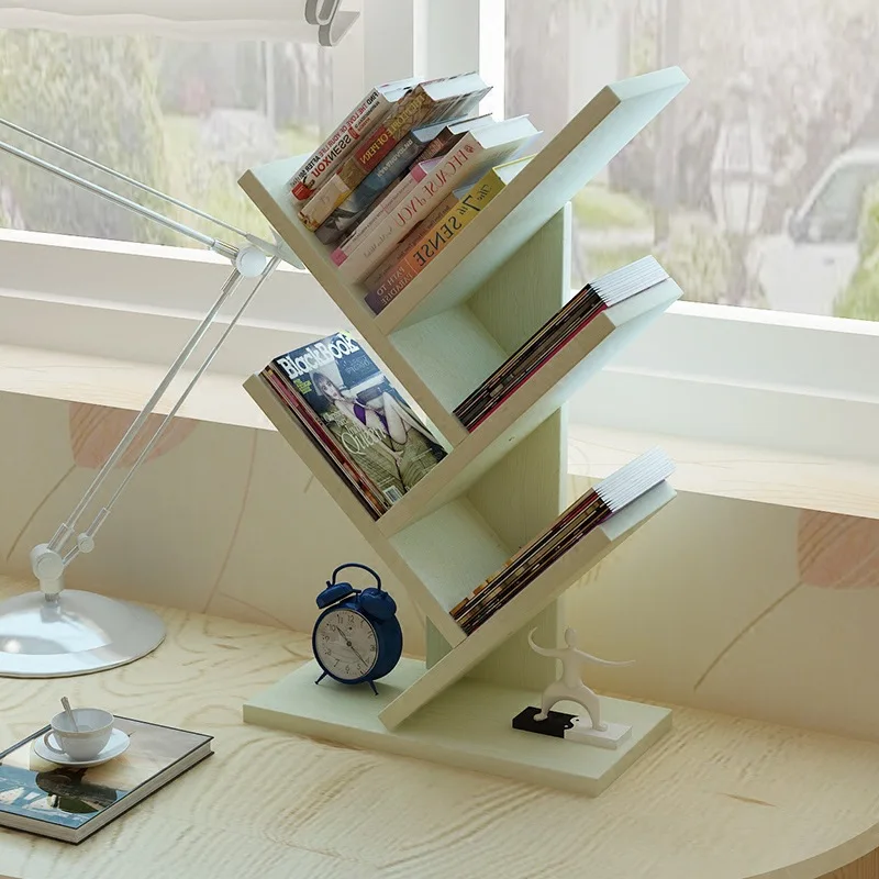 Bookshelf Desk Wooden Display Shelf Creative Study Bookcase Tree Shaped Furniture Decor Book Rack Multi-grid Storage Shelf
