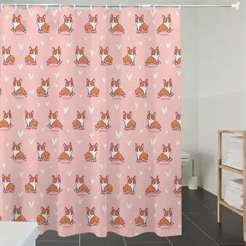 

Shower Curtain Fabric Polyester Fabric,Waterproof, Machine Washable, Dog Lover,Cute Little Corgi Jumping Running and Standing