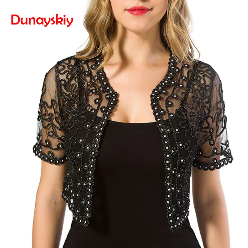 Ideal Women Basic Coat 2020 Summer Style Women Perspective Shawl Fashion Hollow Out Lace Boleros Short Sl
