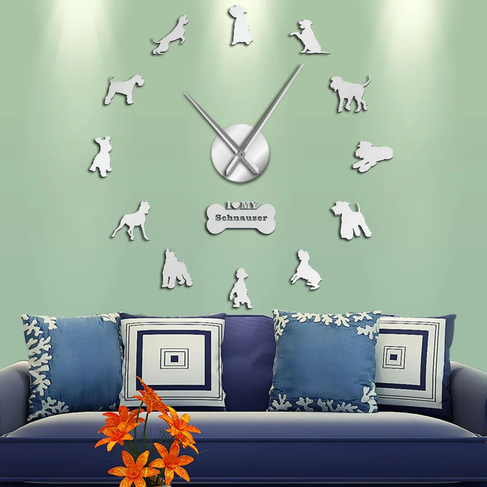 Взрыв собака 3D акриловые зеркальные EVA настенные часы европейская гостиная негабаритных настенные часы большие DIY настенные часы - Цвет: Серебристый