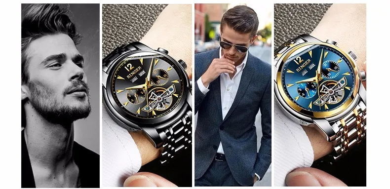 Швейцарские мужские часы Бингер с полным календарем, турбийон, сапфир, несколько функций, водонепроницаемые механические наручные часы B8608M7