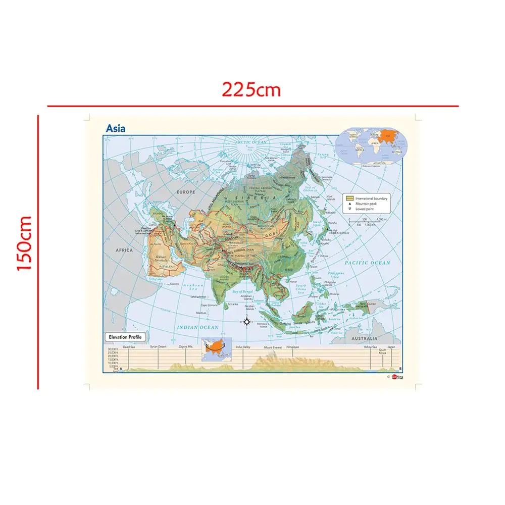 

Foldable Waterproof Map of Asia Elevation Profile Without National Flag For Education 150x225cm