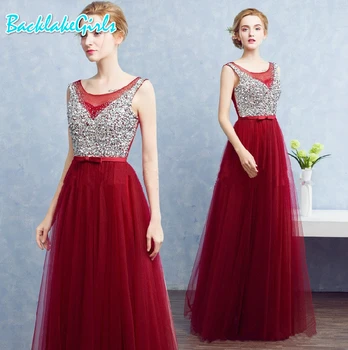 

BGW Scoop Neck Sleeveless A Line Tulle Sequined Beaded Prom Dresses Zipper Back Vestido Rojo De Gala