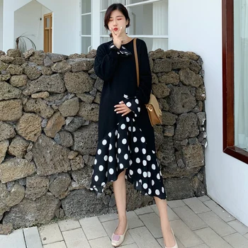 

8139# Autumn Winter Korean Fashion Maternity Dress Black Dot Patchwork Clothes for Pregnant Women Elegant Pregnancy Clothing
