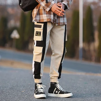 

2020 spring new men's overalls high quality authentic casual pants hit color slim feet pants youth student pants