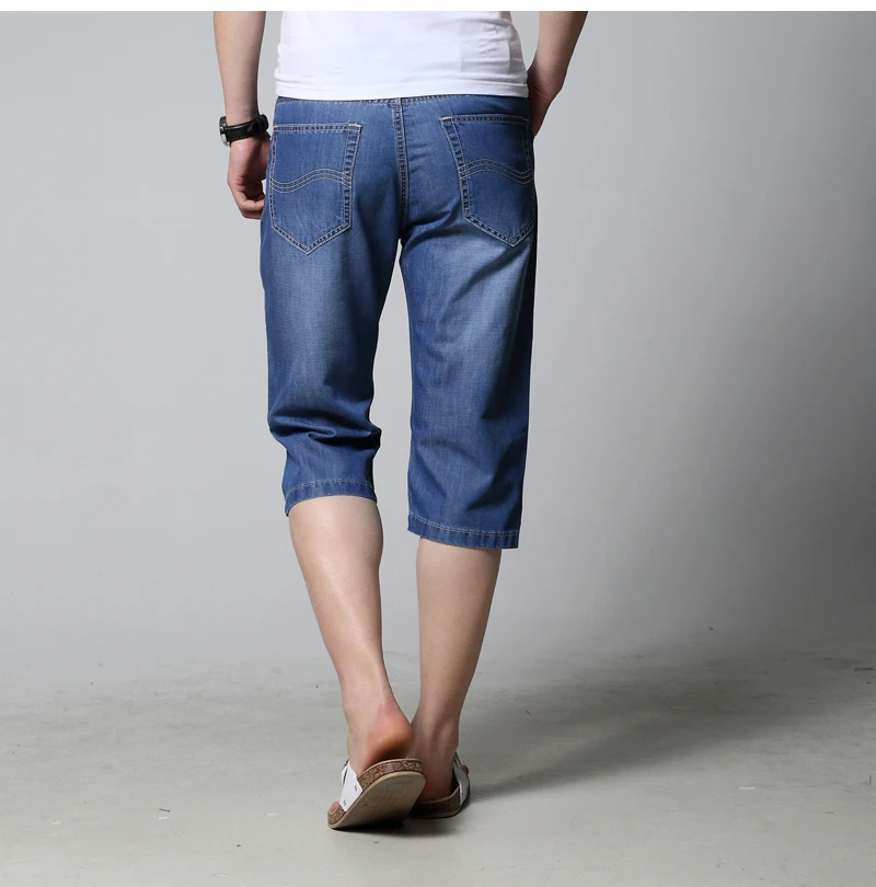 Повседневные джинсовые шорты мужские до колена прямые однотонные синие джинсовые шорты мужские летние мягкие свободные карманы внизу размера плюс 28-44 A5334