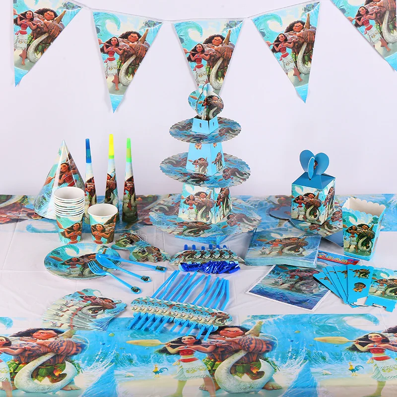 

Moana Theme Cartoon Party Tableware Plate Napkins Candy Box Popcorn Box Banner Flags Kid's Birthday Party Decorations Supplies