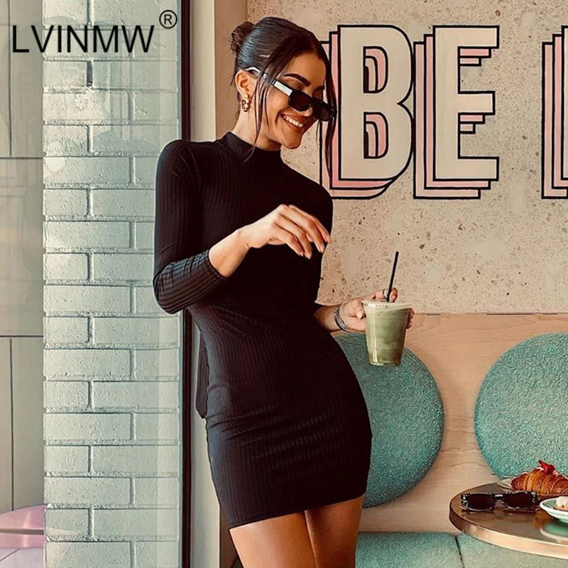 

LVINMW Rib knitted Black Mock Neck Long Sleeve Slim Dress Autumn Winter Women Backless Lace Up Bow Dresses Female Party Dress
