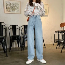 Повседневные свободные синие женские джинсы Harajuku, простые джинсовые брюки бойфренда, женские корейские модные джинсы с карманами и высокой талией, Mujer