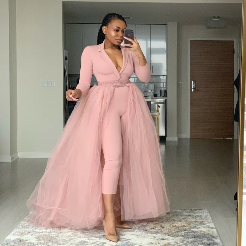 

Fashion Detachable Train Jumpsuit with Overlay Women Dusty pink Tulle Overskirt Jumpsuit Custom Made