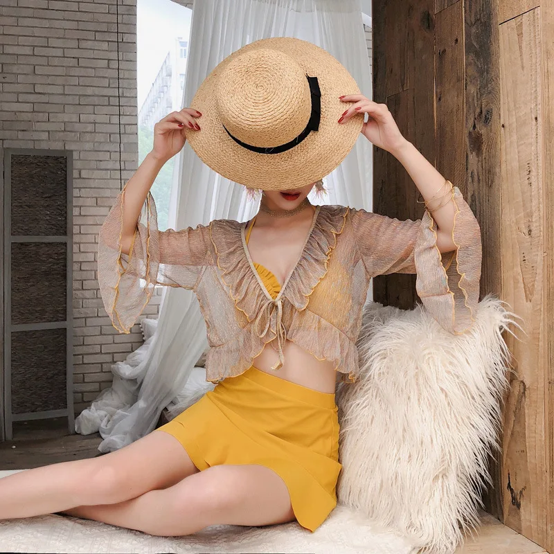 

Graceful Sexy Blouse Bell Sleeve Underwire Push up Chest Skirt Split Type Bikini Bathing Suit GIRL'S Holiday Swimwear