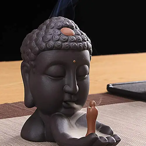 

PHILOGOD Incense Holders Purple Ceramic Creative Zen Buddha Head Handmade Backflow Incense Burner