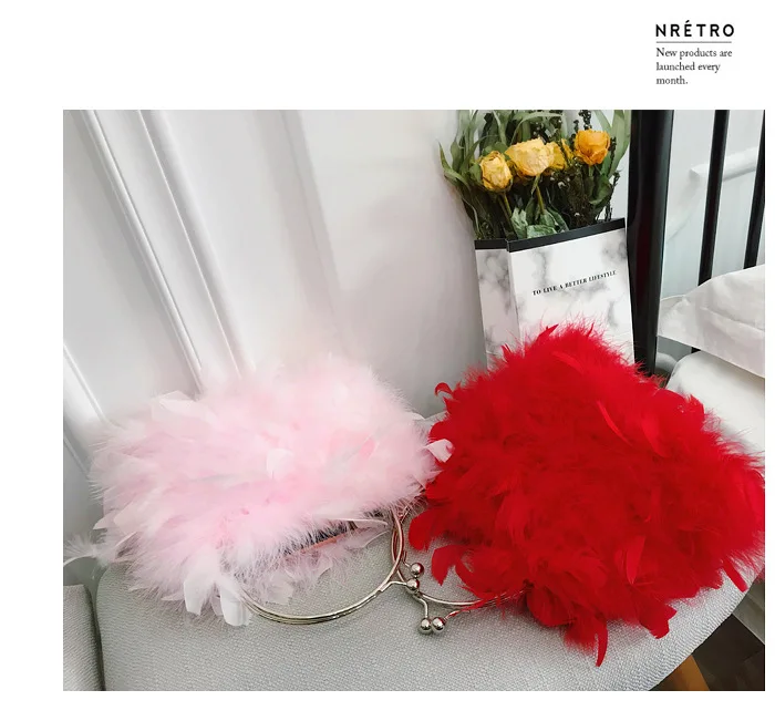 Korean Soft Feather Ring Evening Handbag Women Fashion Shoulder Chain Bag Small Purse And Handbags Pink Red Female Bolso Mujer