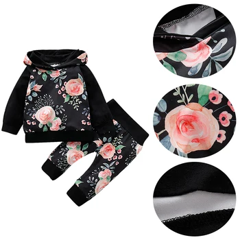 

2pcs Floral Hooded Tops Comfortable Fall Kids Toddler Daily Long Pants Infant Warm Soft Baby Girls Outfits Set Casual Autumn