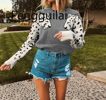 

Women Leopard Knitted Sweater Fall Winter Long Sleeve Female Pullovers Autumn Casual Tops Knitting Sweaters Ladies Jumpers