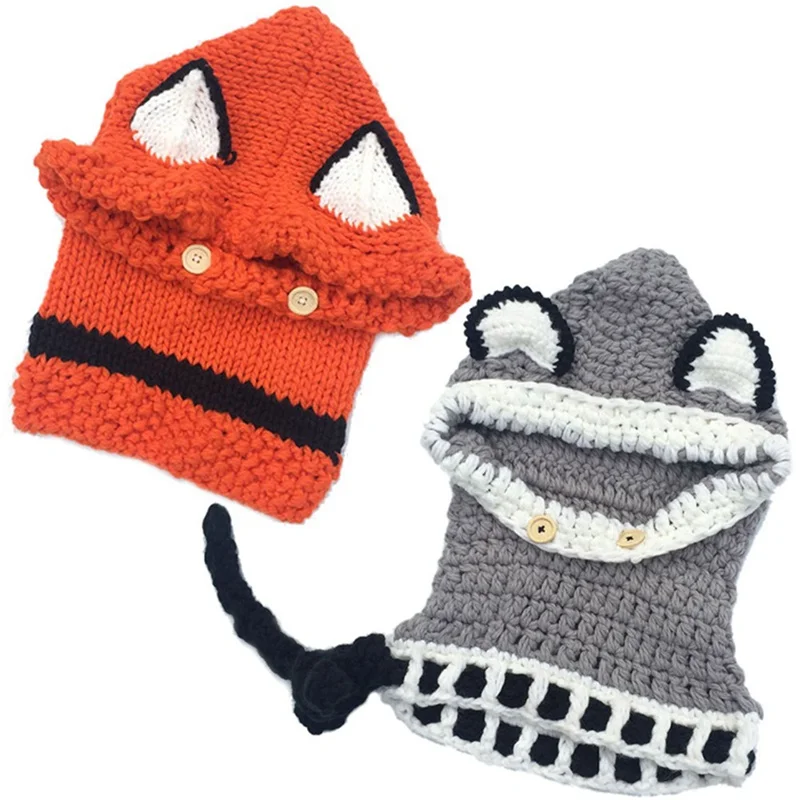 Cute Cartoon Animal Fox Handmade Hats For Kids 1-8 Years Baby Girls Boy Wrap Dinosaur Fox Scarf Caps Winter Children Knitted Hat