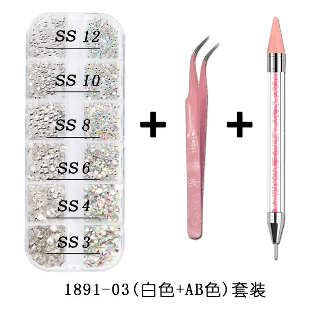 1Box Multi Size Glass Nail Rhinestones Mixed Colors Flat-back AB Crystal With tools 3D Charm Gems  Manicure Nail Art Decorations 04