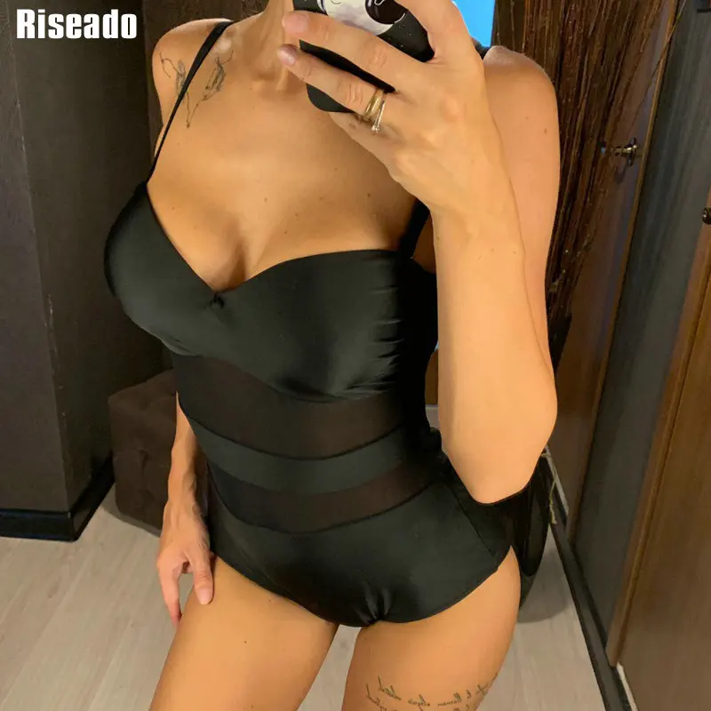

Riseado Push Up One Piece Swimsuit Sexy Mesh Swimwear Women Plus Size Bathing Suit Women Sexy Solid Bodysuit 2019 New Beach Wear