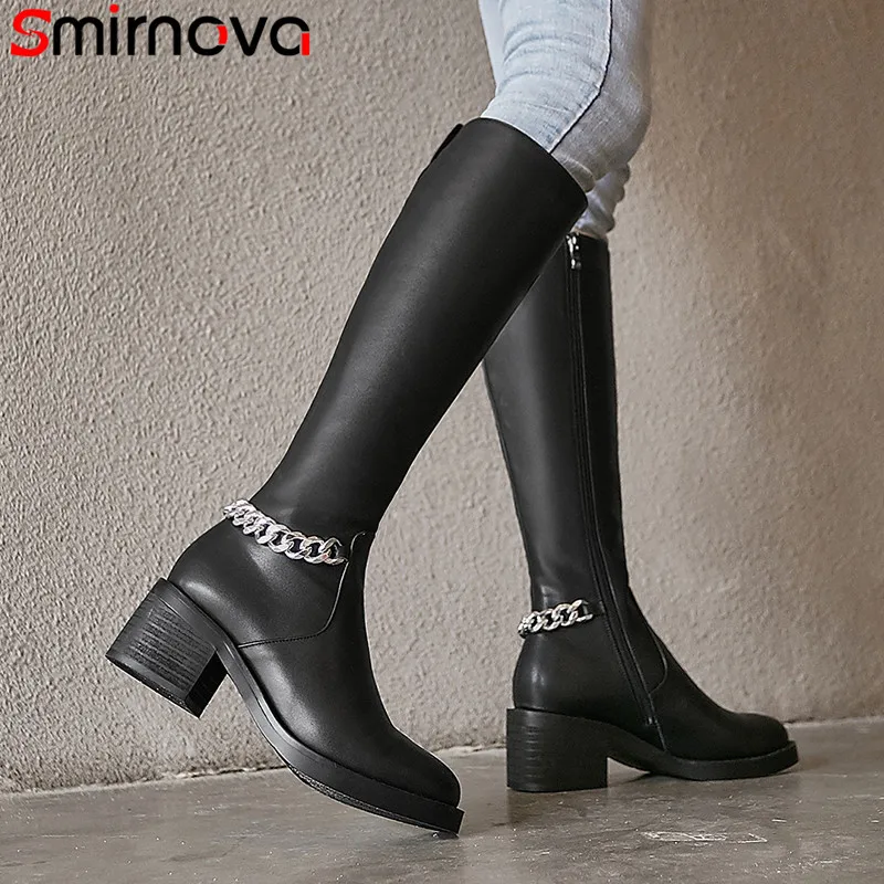 Smirnova/Большие размеры 34-43, модные ботинки из искусственной кожи и коровьей кожи осенне-зимние сапоги с круглым носком на молнии сапоги для верховой езды на Высоком толстом каблуке, новинка года