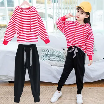 

Toddler Girls Clothes Set Red Striped Hoodied Sweatshirt and Solid Color Sport Pants Teenage Tracksuit Kids Sportswear Spring