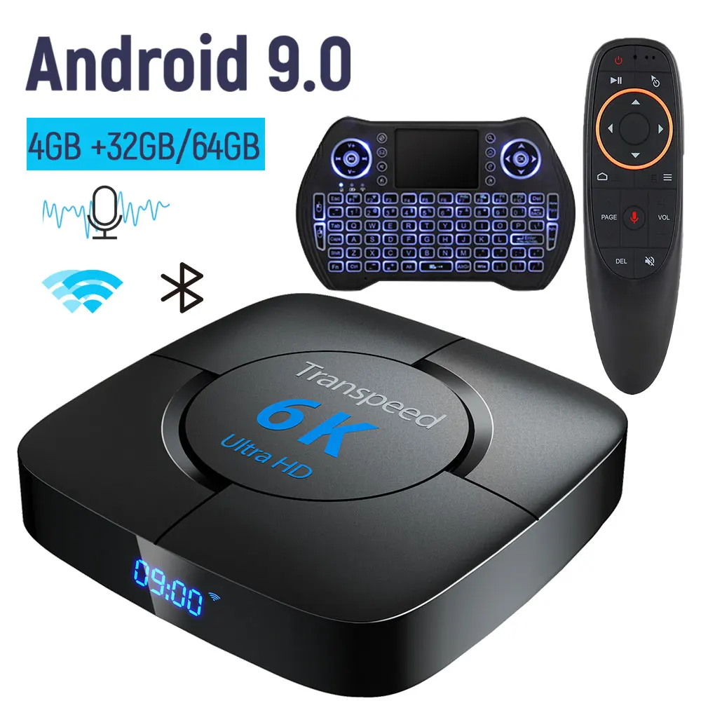 Transpeed 6k tv Box Android 9,0 4 Гб ram 32 Гб Google голосовой помощник ТВ коробка быстрая Wifi Youtube 6K 3D верхняя коробка медиаплеер