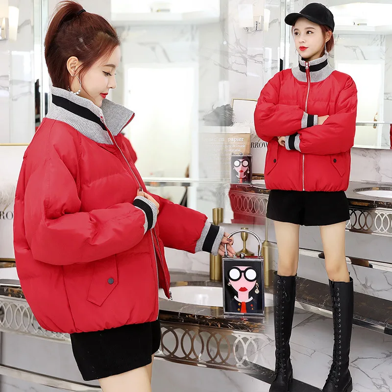 

Color Knit Joint Short Cotton-padded Clothes 2019 Winter New Style Versatile Fashion Long Sleeve Loose-Fit WOMEN'S Cotton Clothe