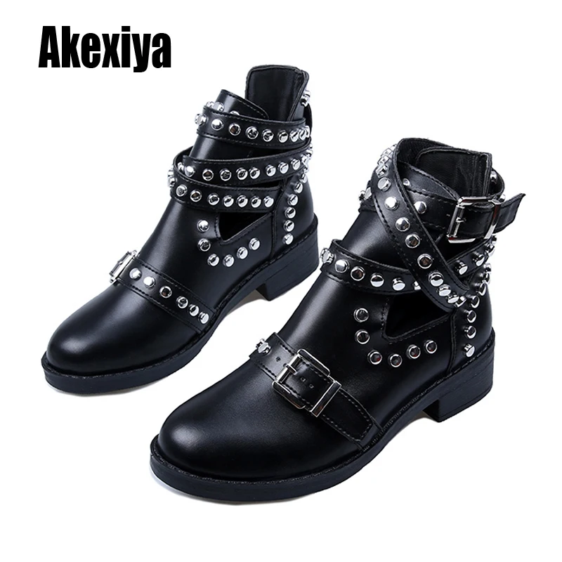

Women Black fashion Ankle Boots Buckle Rivet Shoes Female Pu leather Motorcycle Boots Autumn Punk Boots trend boots k675
