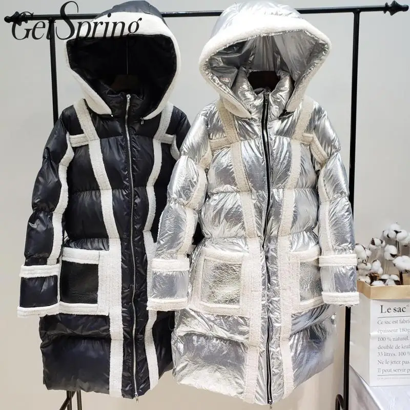 

GetSpring Women Parka Winter Outwear Hooded Thickened Long Jacket Winter Coat Lamb Stripe Leather Stitching Womens Parka Winter