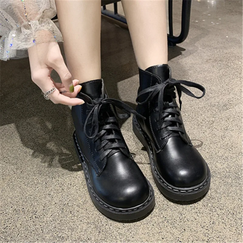 

Women Leather Platform Ankle Lace-up Sneakers Ladies Flats Breathable Booties Comfort Female Chunky Shoe Botas Mujer Black White
