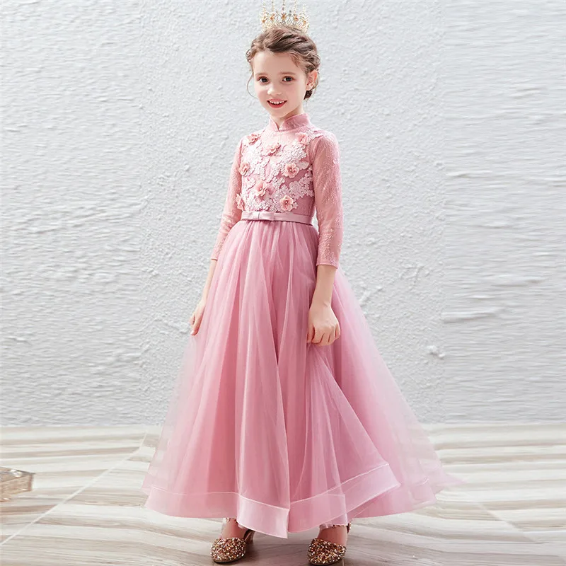 Autumn Winter Sweet Appliques Flowers Long Sleeves Birthday Wedding Party Princess Dress Kids Tutu Host Costumes Dress Wear