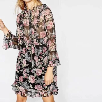 

Women Dress Spring and Summer Print Round Neck Long Sleeve Dress