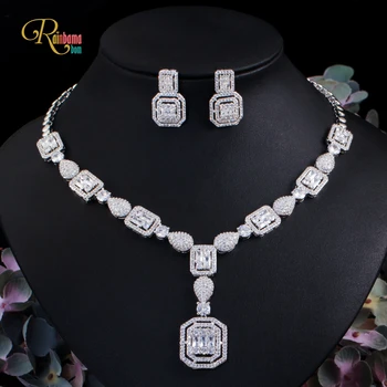 

Rainbamabom 925 Solid Sterling Silver Created Moissanite Gemstone Romantic Cute Earrings/Necklace Wedding Engagement Jewelry Set