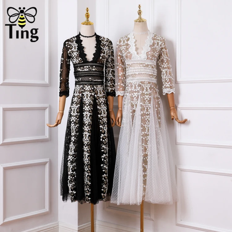 Tingfly винтажное роскошное кружевное платье миди с цветочной вышивкой, длинное вечернее платье с глубоким v-образным вырезом и высокой талией, бальное платье, новая мода