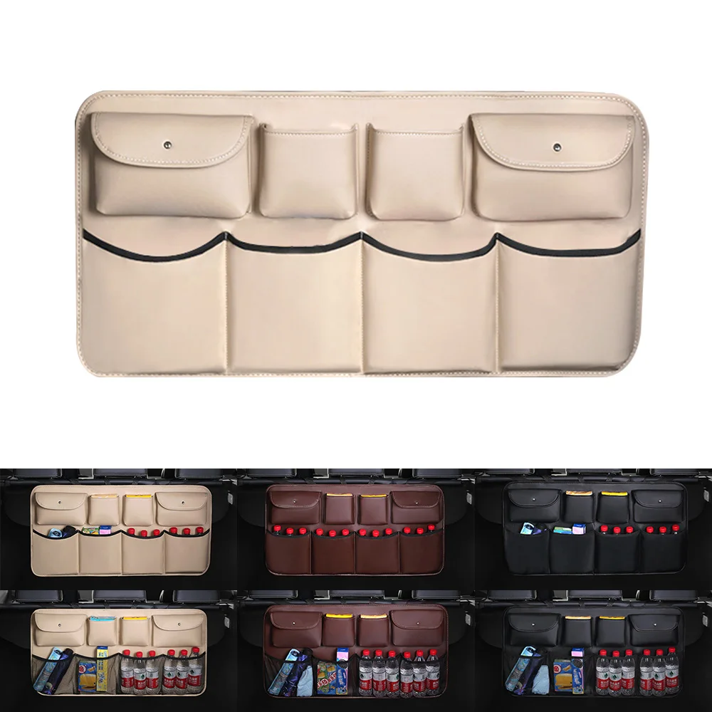 Car Rear Seat Back Storage Bag PU Leather Car Trunk Organizer Multi Hanging Nets Pocket Auto Stowing Tidying