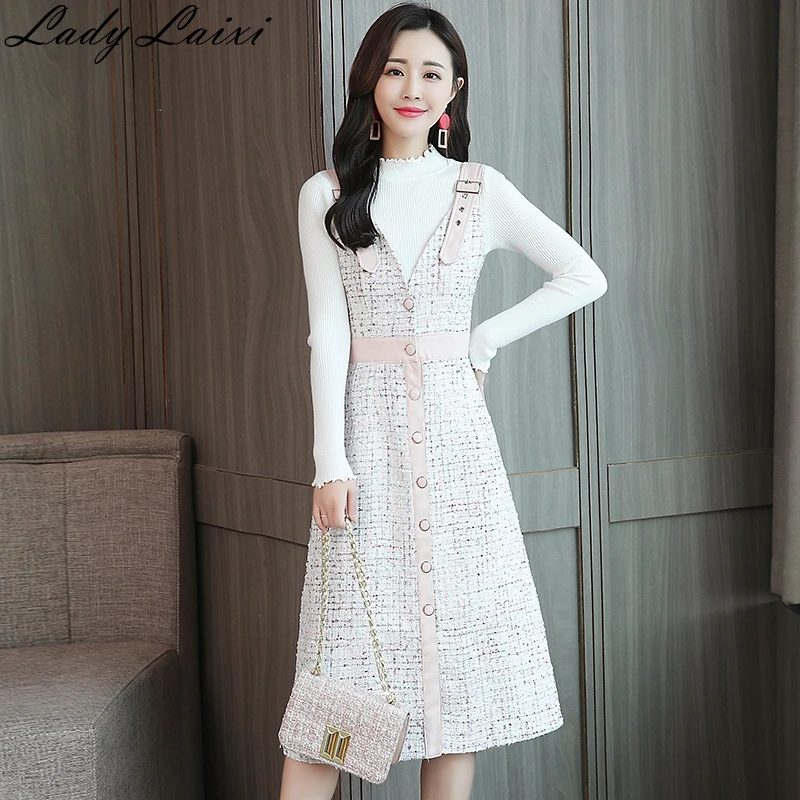 

2019 Autumn Winter High quality 2 Piece Set Women's sweater and Single-breasted Spaghetti strap Plaid Tweed Dress