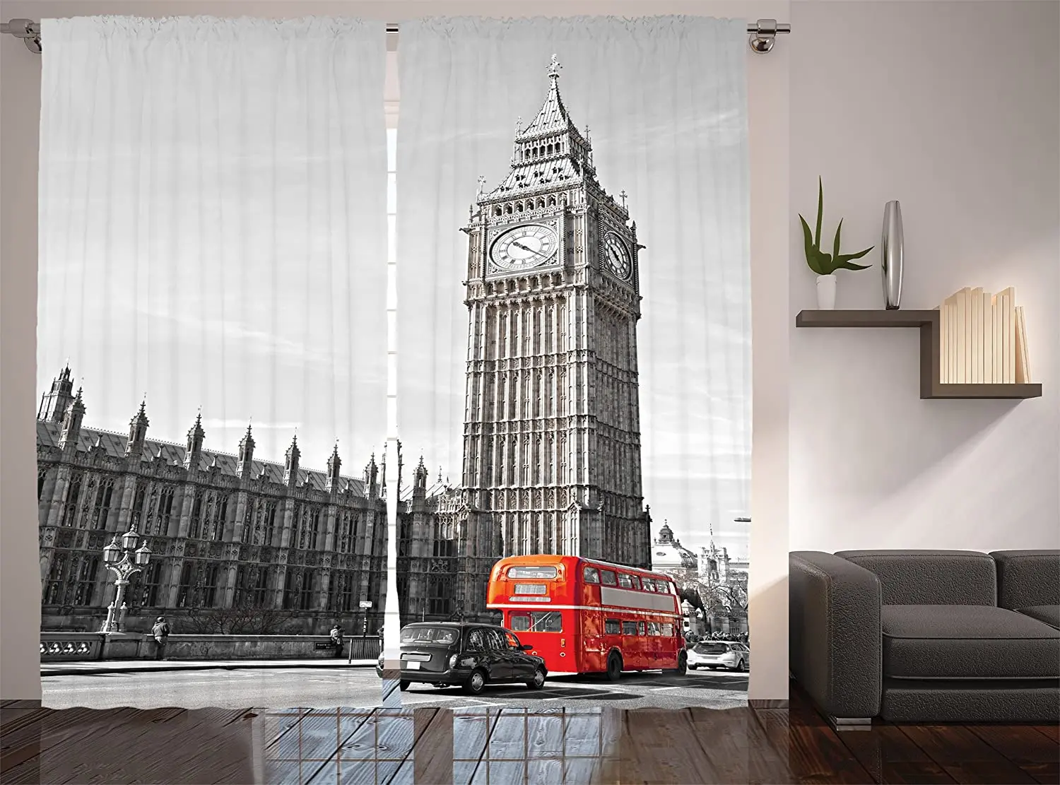 London Curtains Big Ben Tower Begining of Westminster Bridge with Black Cab and Red Bus Image Living Room Bedroom Window Drapes | Дом и сад