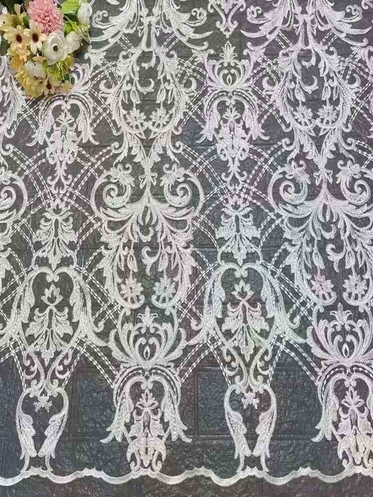 

White Exquisite/ Wedding dress design Flat Embroidery French tulle net lace fabric for Party dresses evening dress