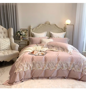 

High-end luxury modern simple white 100s of four sets of pure cotton lace princess style bedding sets quilt cover