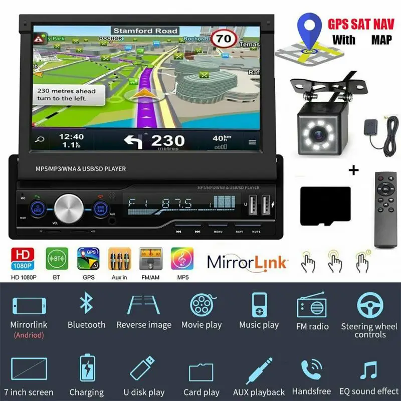  Multimedia Drahtlose Bluetooth 7 Zoll 1 Din Karte Stereo GPS SAT NAV Auto MP5 Player