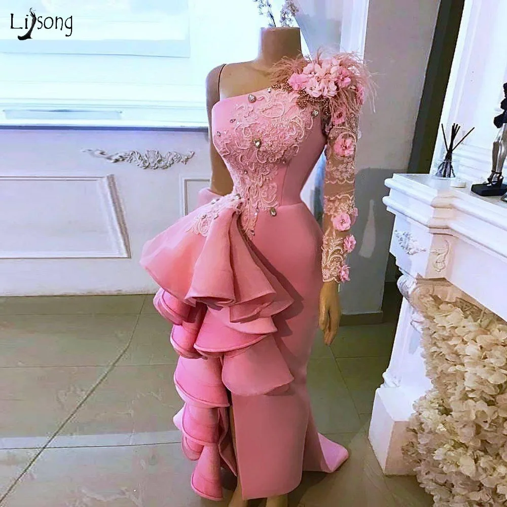 Real Image Pretty Pink 3D Flower Evening Dresses One Shoulder Lace Appliques Feather Ruffles Long Prom Gowns evening gowns